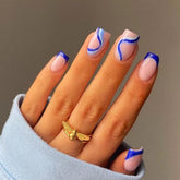 Foccna square press-on nails in blue swirl full set for quick at-home manicure