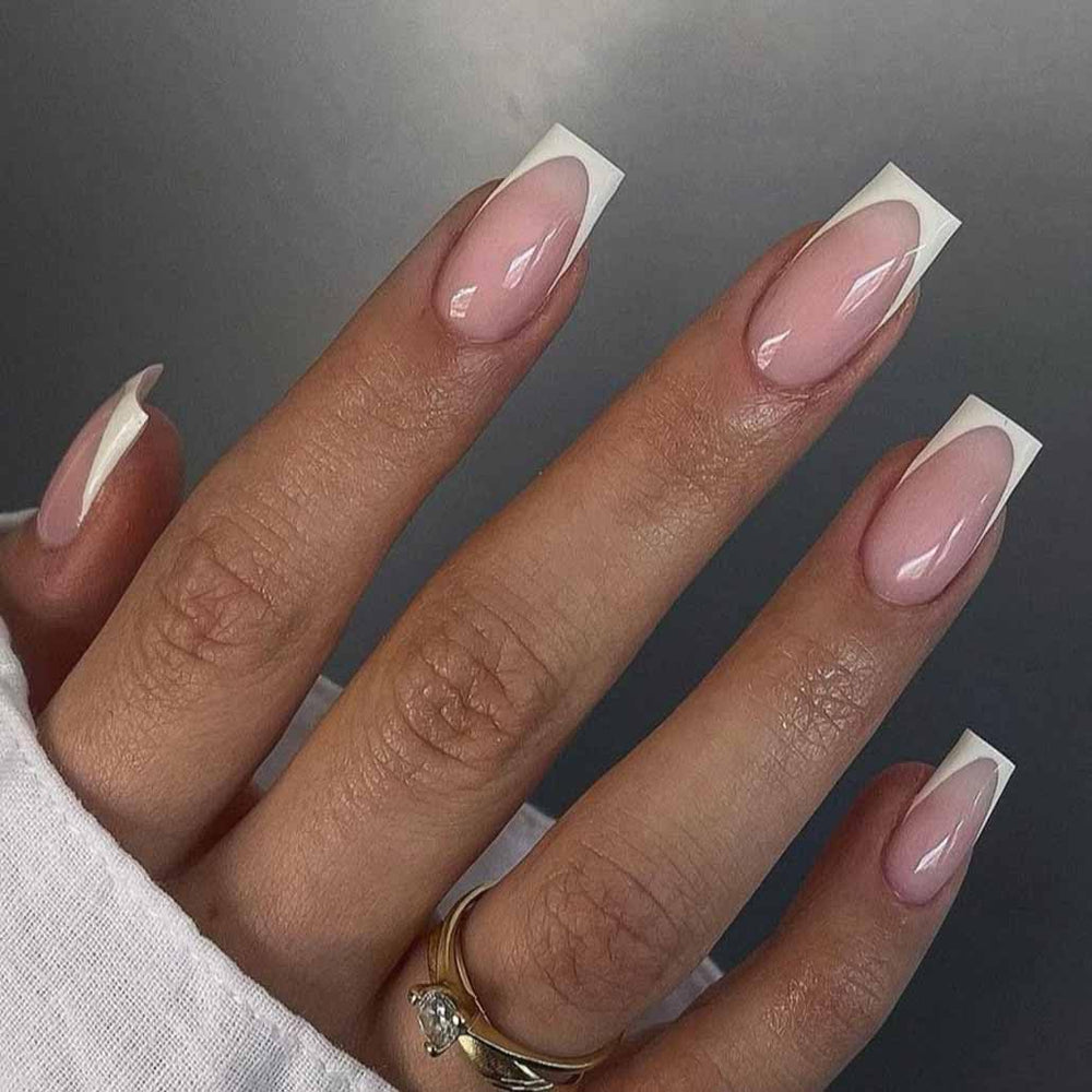 Foccna white press-on nails in medium-long square shape for a quick at-home manicure