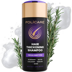 Folicare Thickening Hair Shampoo bottle promotes fuller-looking strands with a sulfate-free formula.