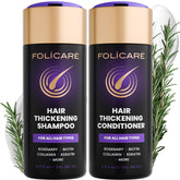 FOLICARE thickening shampoo bottle pour promotes fuller-looking hair.