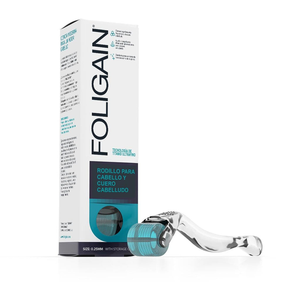 Foligain hair and scalp roller close-up with 540 titanium needles for gentle scalp stimulation.