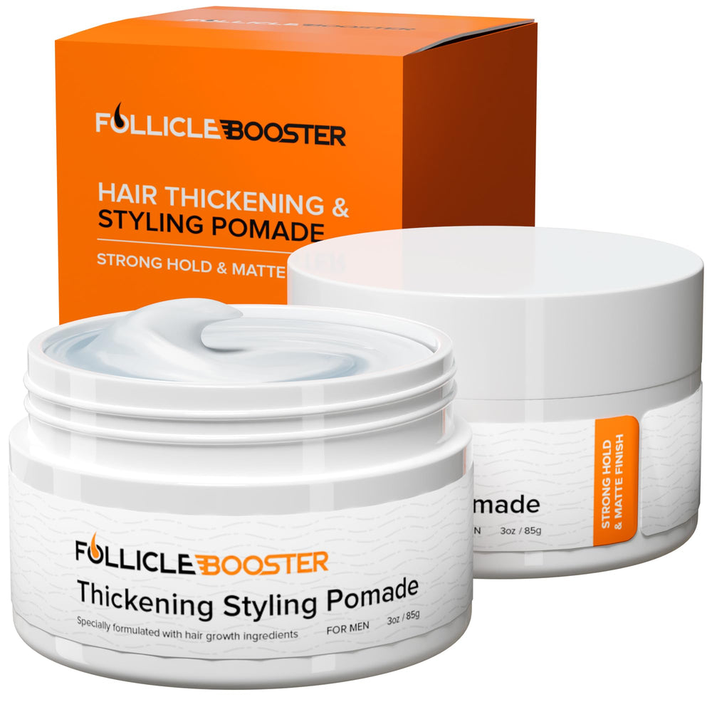Follicle Booster thickening pomade bottle for easy styling and wash-off