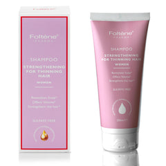 Foltene Strengthening Shampoo for Women bottle pour demonstrates daily use and hair care focus