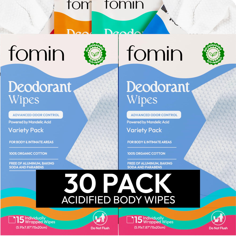 FOMIN Acidified Travel Deodorant Wipes variety pack pack shot for portable freshness.