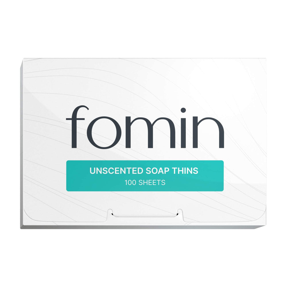 FOMIN antibacterial paper soap sheets 100-pack in a compact travel box, ideal for on-the-go hand washing.