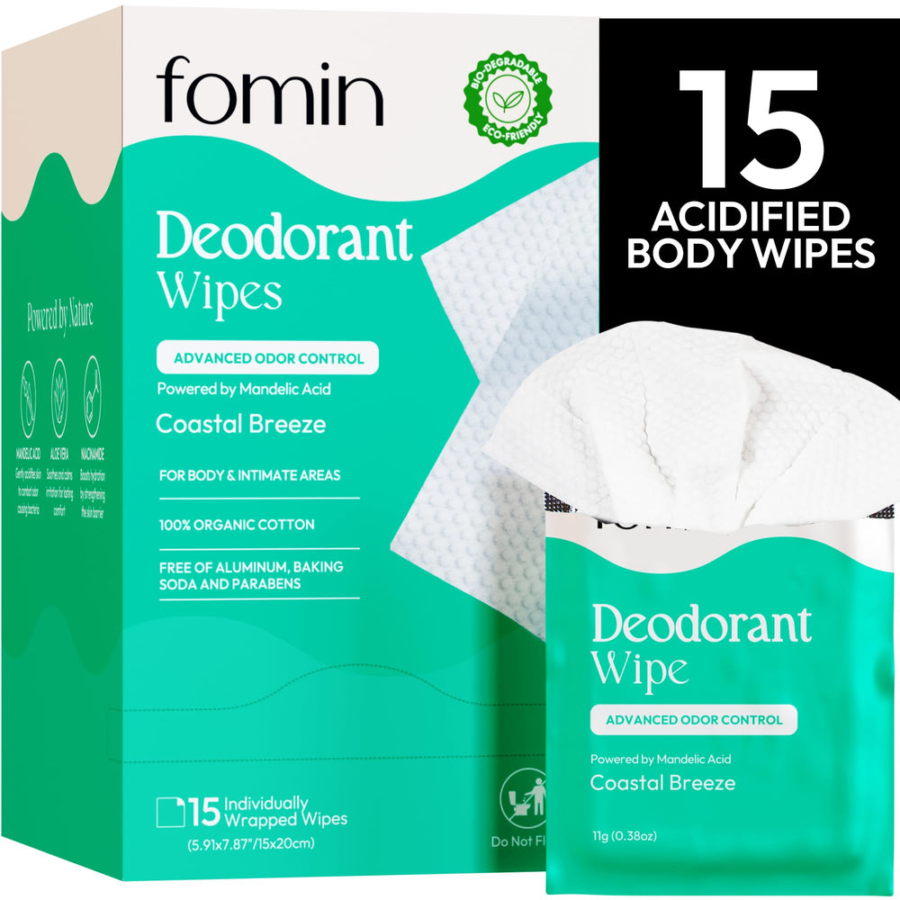 FOMIN Coastal Breeze travel wipes pack front for on-the-go freshness.
