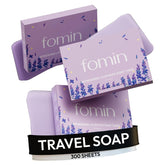 FOMIN lavender antibacterial paper soap sheets in bottle for on the go cleansing.