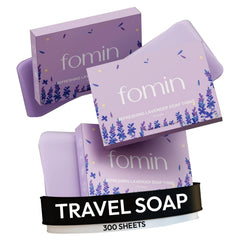 FOMIN lavender antibacterial paper soap sheets in bottle for on the go cleansing.