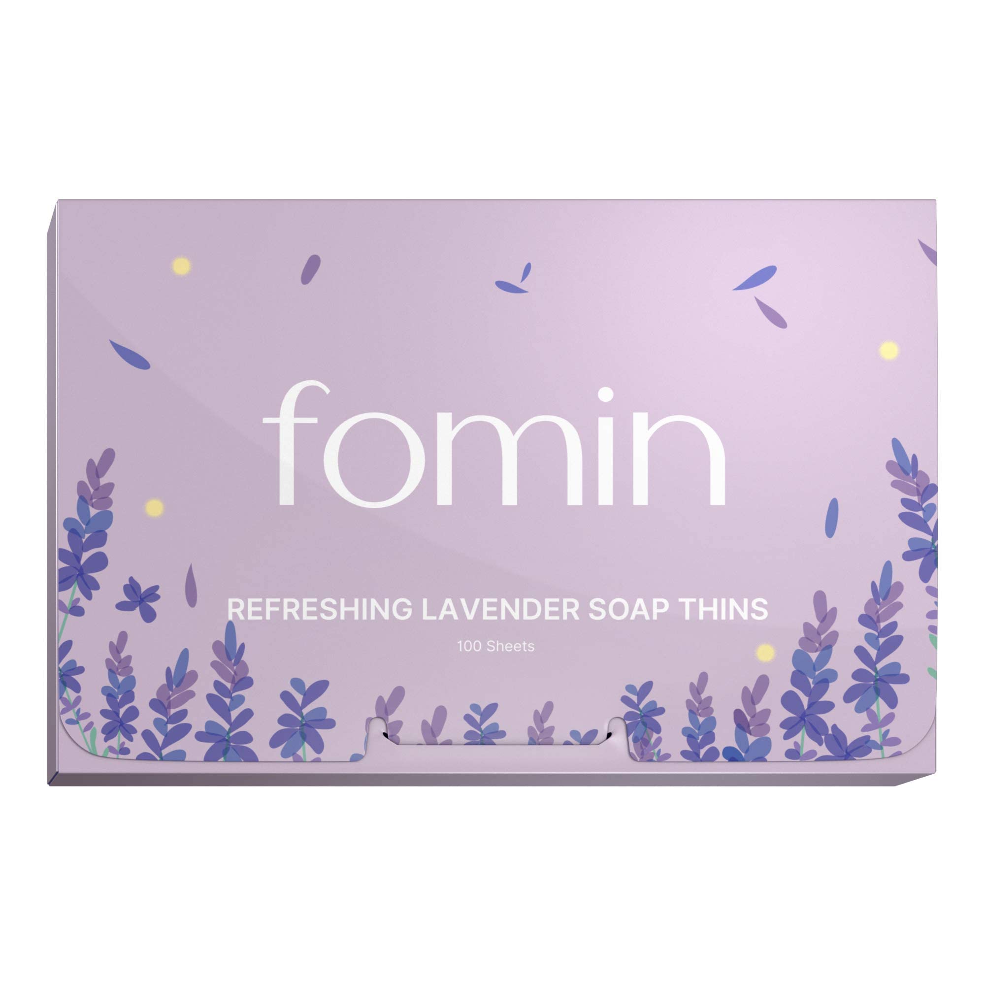 FOMIN lavender paper soap sheets packaging—compact travel companion for quick hand cleansing.