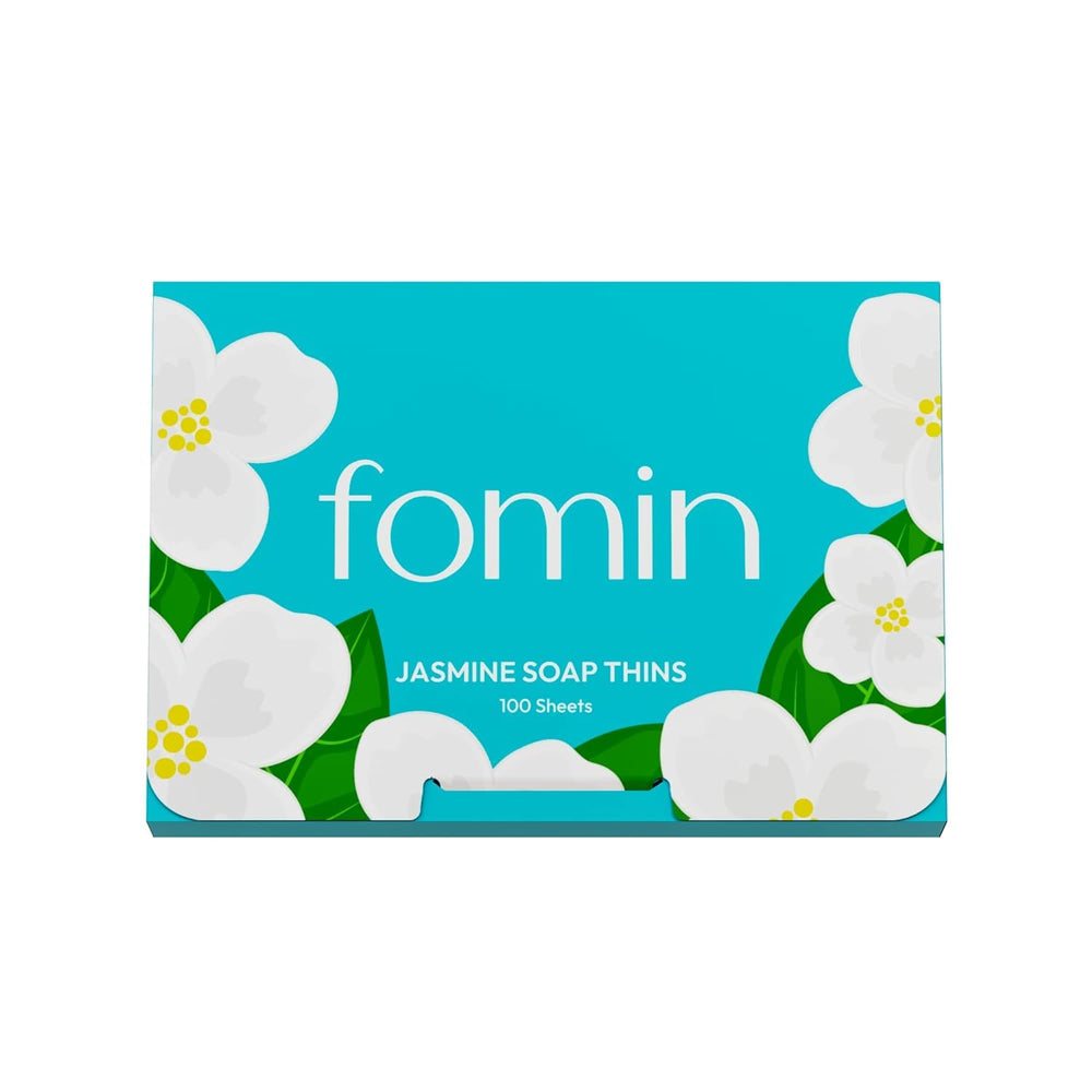 FOMIN Jasmine paper soap sheets in packaging, quick cleansing on the go for travel and outdoor adventures.