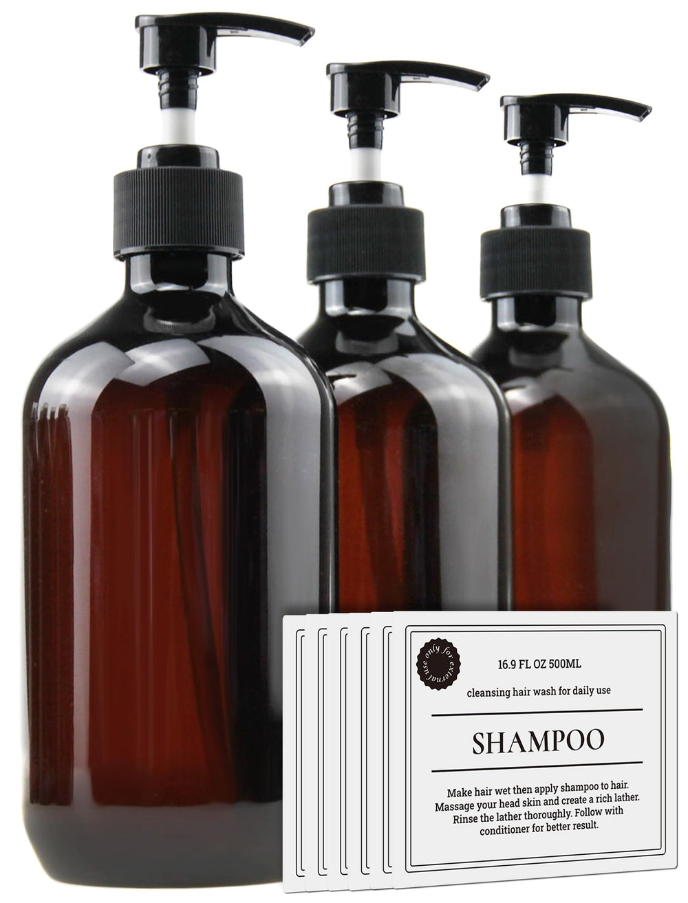 FOOCHY amber pump bottles three-pack ideal for travel refills.