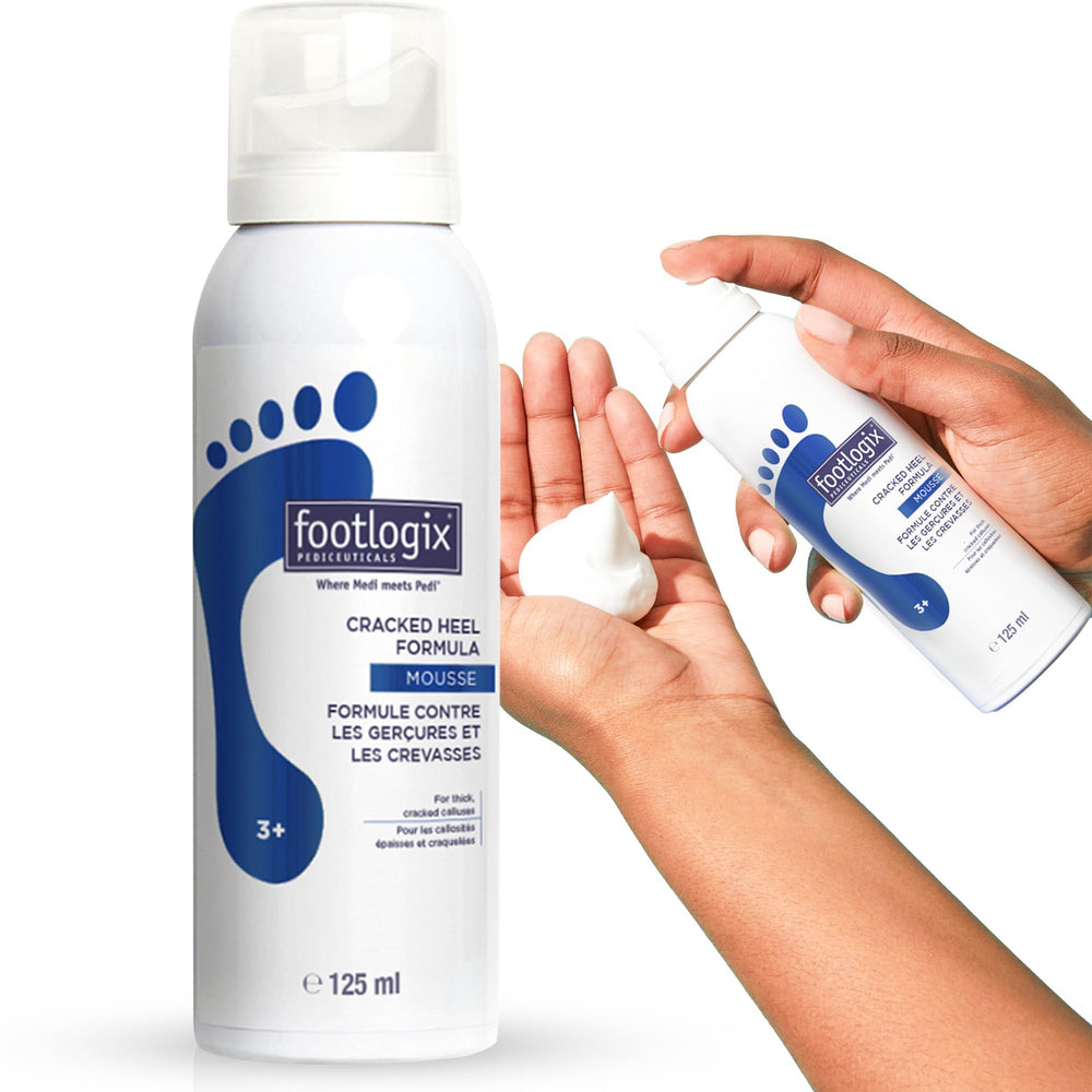 Footlogix Cracked Heel Formula White packaging highlights a pediceutical foot care solution for dry, cracked heels.
