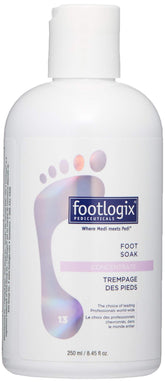 Footlogix Foot Soak Concentrate bottle closeup, gentle cleansing for dry feet.