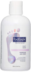 Footlogix Foot Soak Concentrate bottle closeup, gentle cleansing for dry feet.