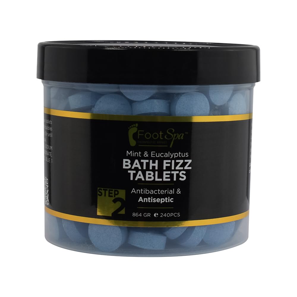 FootSpa Bath Fizz Mint & Eucalyptus bottle pour promoting easy use and gentle relaxation.