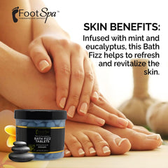 FootSpa Bath Fizz Mint & Eucalyptus foot soak scene for tired feet after work.