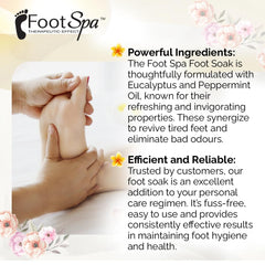 FootSpa Eucalyptus-Peppermint Oil bottle highlights natural essential oils in use.