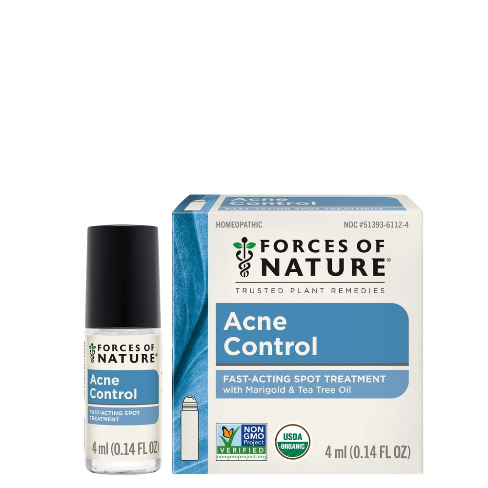 Forces of Nature acne rollerball close-up shows precise on-spot treatment for breakouts.