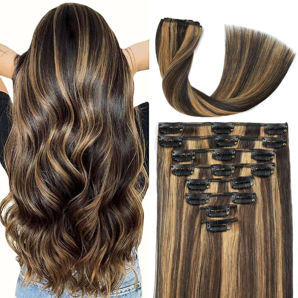 Forede clip-in extensions with seamless balayage dark brown for natural-looking added volume.