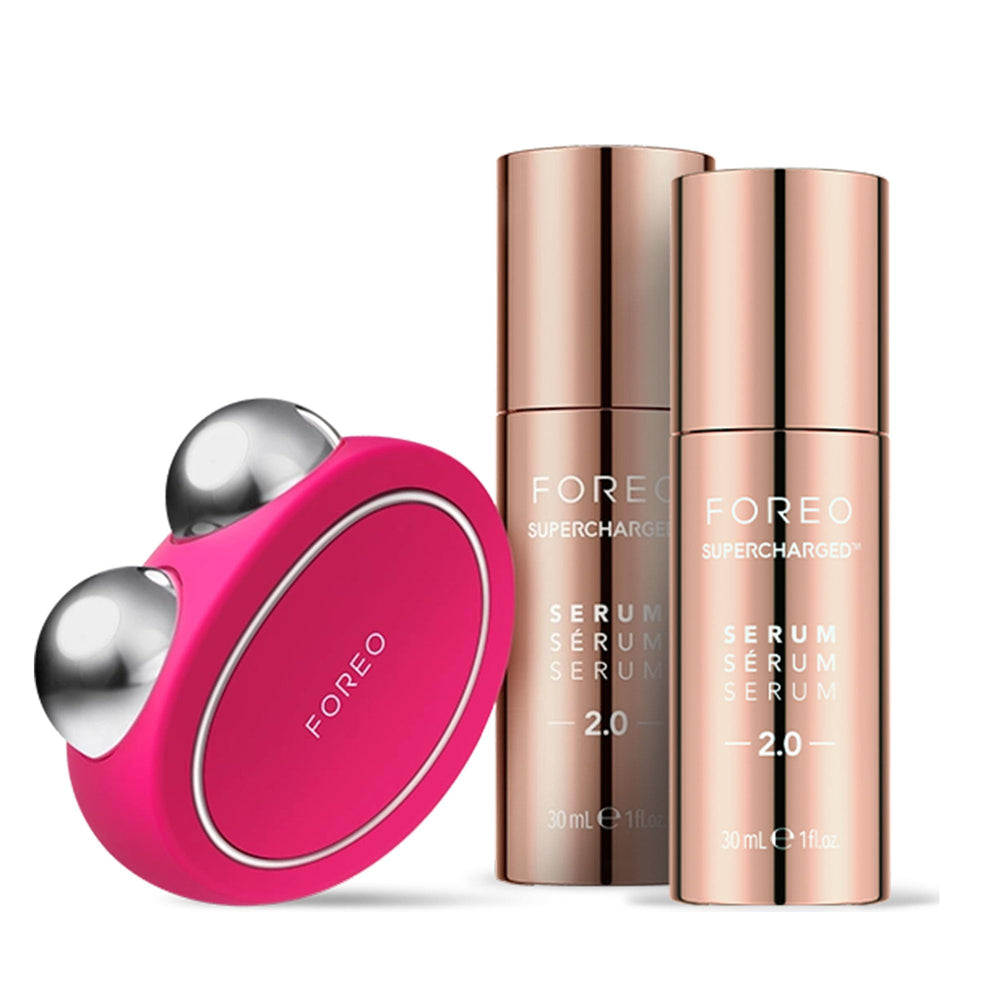 FOREO Bear device close-up showing microcurrent tech for facial firming.