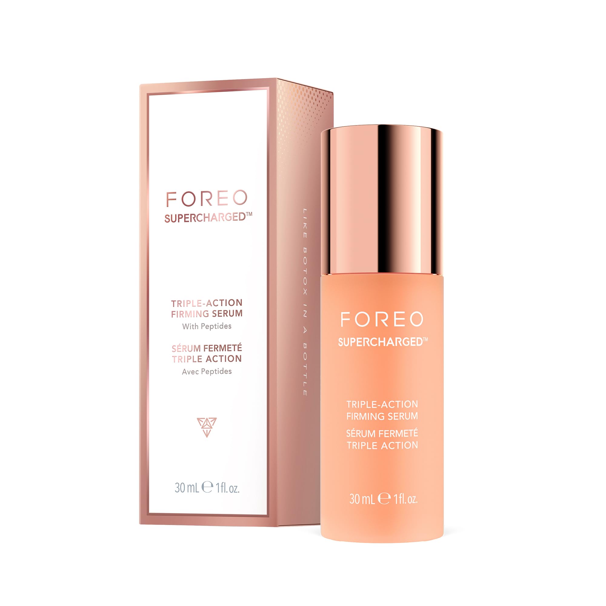 FOREO Supercharged triple-action serum bottle close-up highlighting firming and hydration