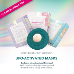 Foreo UFO 3 go full spectrum LED lights in action on the cheeks.