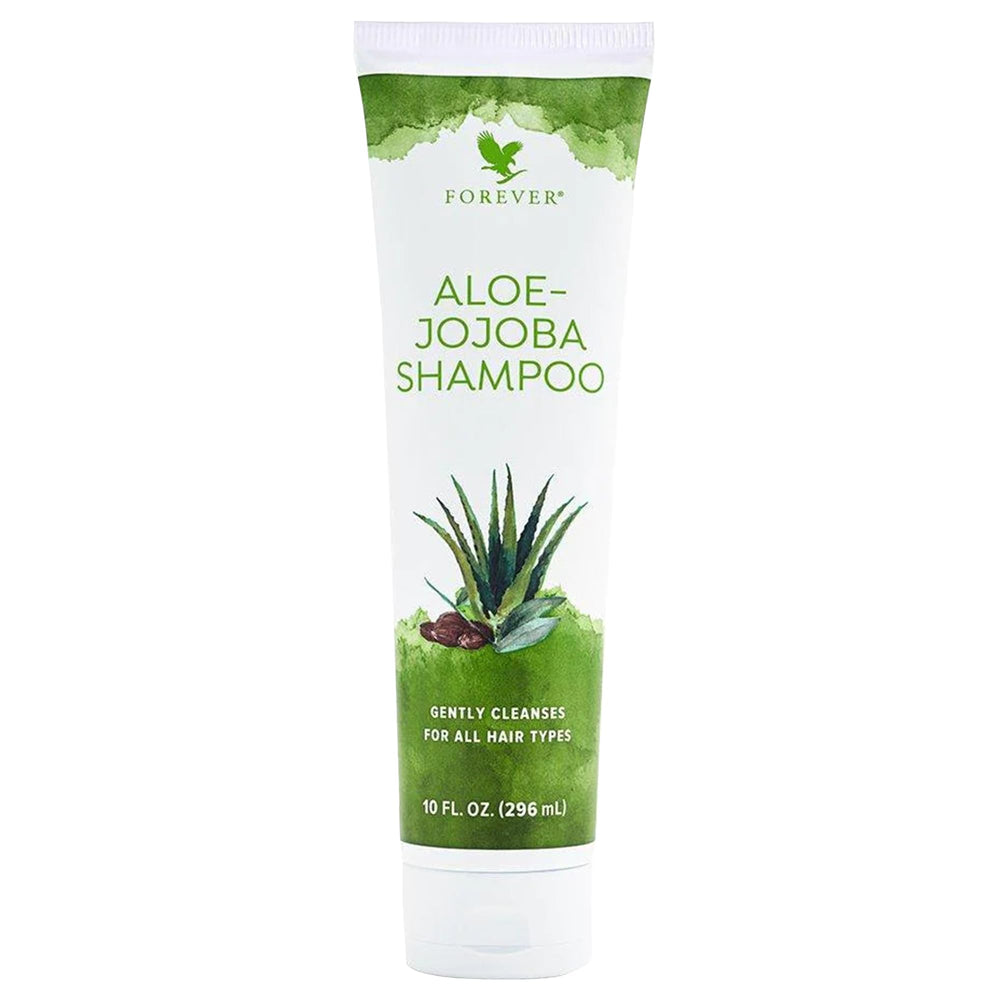 Forever Living Aloe-Jojoba Shampoo bottle front with tropical fragrance and refreshing look.