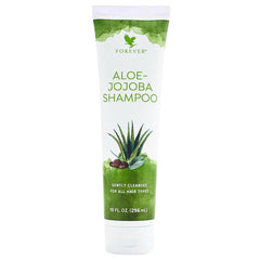 Forever Living Aloe-Jojoba Shampoo bottle front with tropical fragrance and refreshing look.
