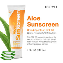 Forever Living Aloe Sunscreen SPF 30 bottle with label, clear information for outdoor use.