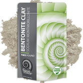 FOSSIL POWER Bentonite clay powder packaging close-up showing resealable bag for freshness