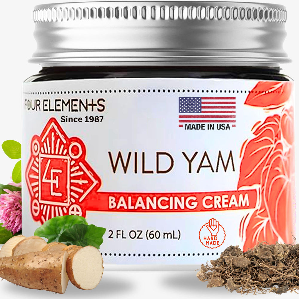 Four Elements 4E Wild Yam Balancing Cream tube showing natural ingredients for balance support.