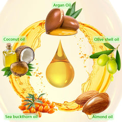 Fovcos Argan hair oil droplet close-up highlights shine and frizz control.