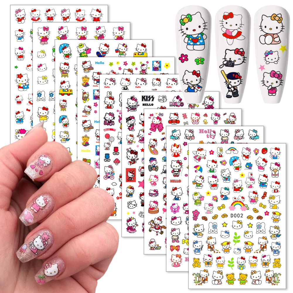 Foweso cat nail stickers 3D decal set showcases playful cartoon designs for chic nails.