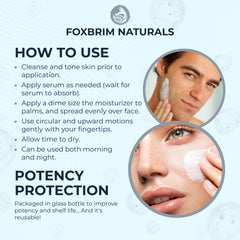 Foxbrim Naturals ingredients panel highlights vegan formula with aloe and botanical humectants.