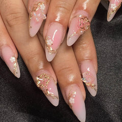 FOXIIU almond-shaped glossy full-cover nails with floral butterfly designs for events.