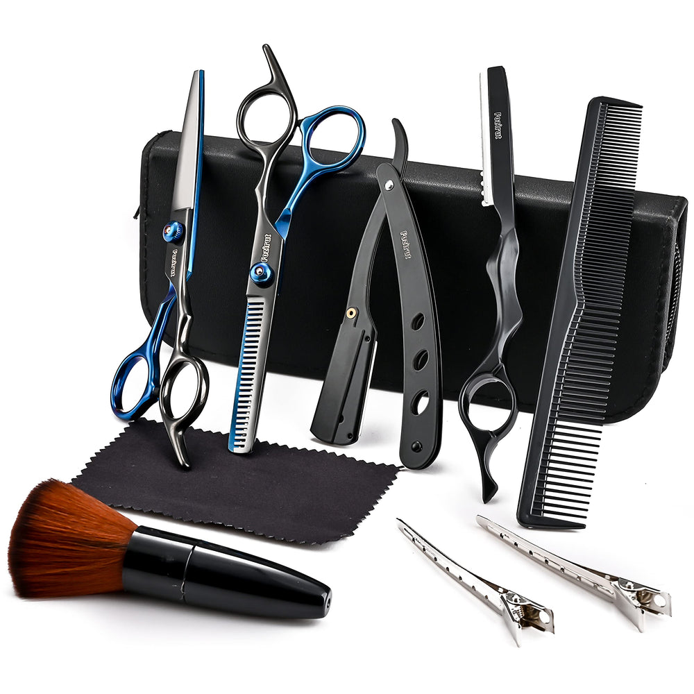 Fozirut barber scissors set shown with premium stainless blades for precise cuts.