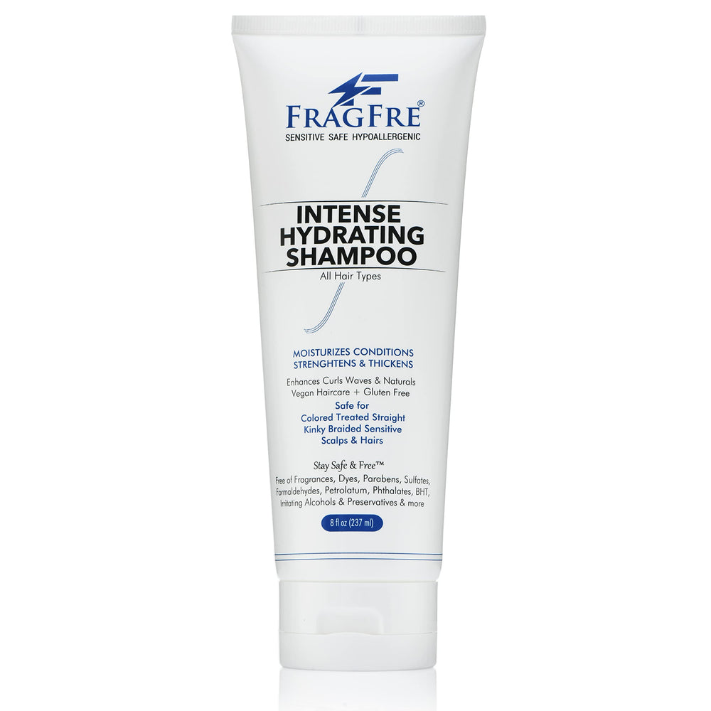 FRAGFRE Intense Hydrating Shampoo bottle close-up, fragrance-free formula ideal for sensitive scalps.