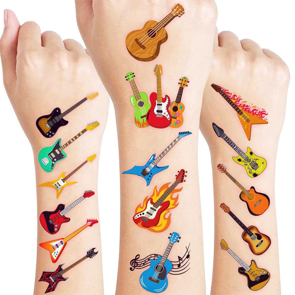 Frawharmone Love Guitar tattoos sheet with bright designs for party favors.