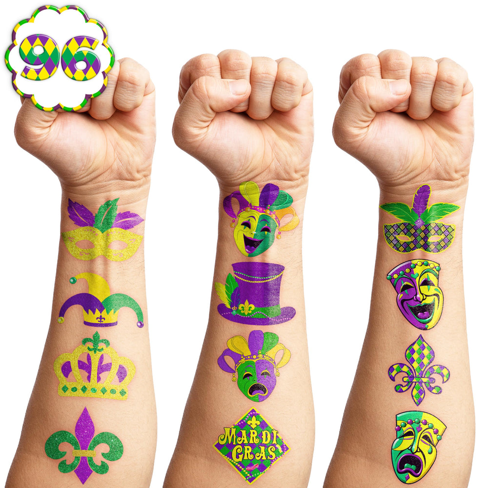 Frawharmone Mardi Gras tattoos sheets in bright green and purple for party favors