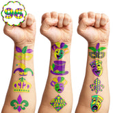 Frawharmone Mardi Gras tattoos sheets in bright green and purple for party favors