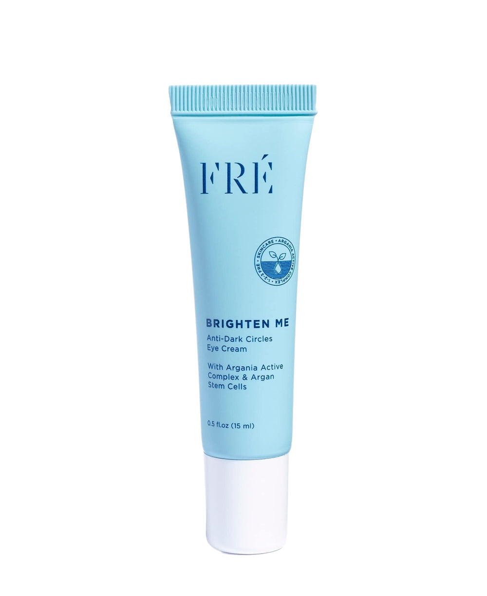 FRÉ Brighten Me eye cream bottle close-up highlighting vegan formula for delicate under-eye skin