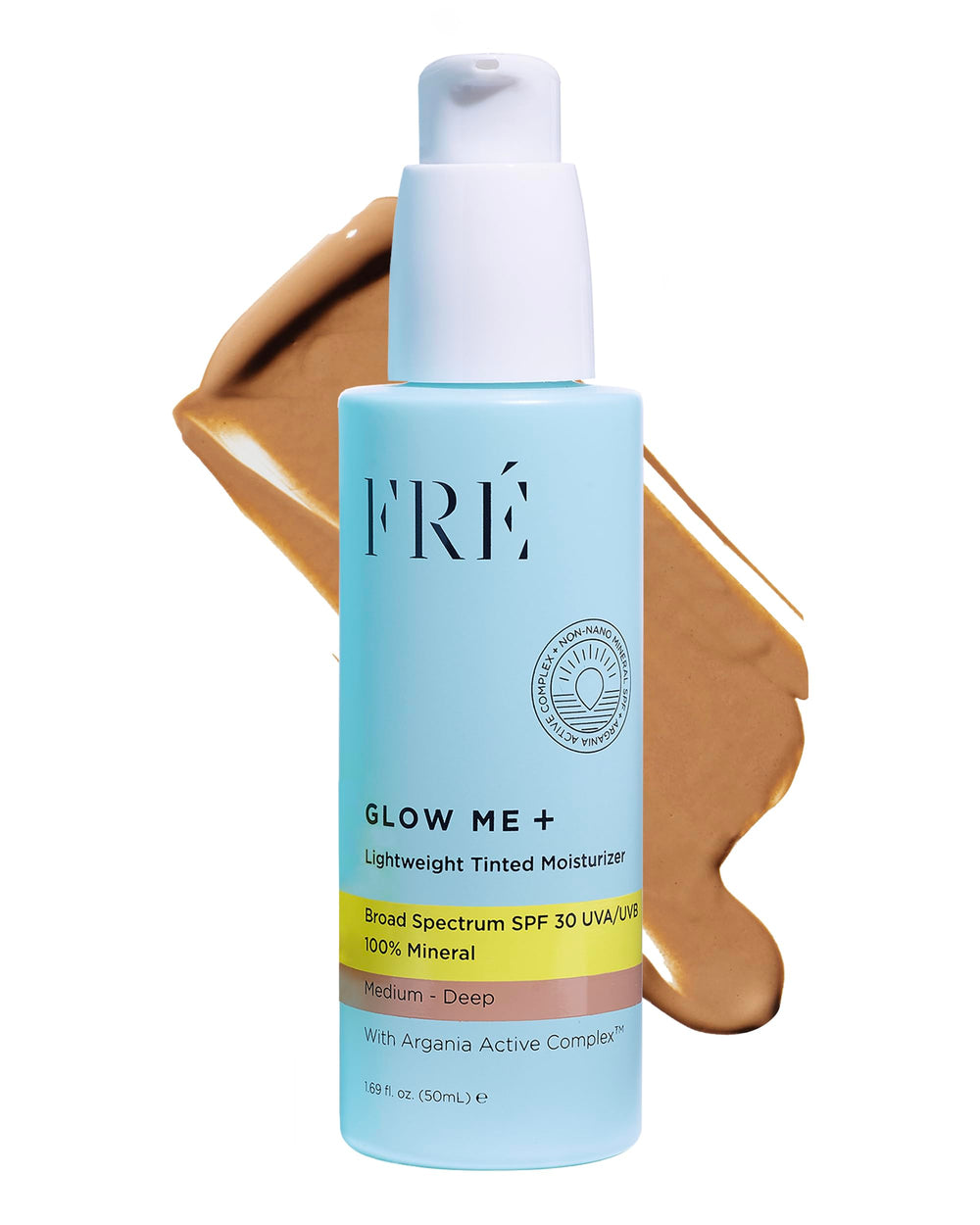 FRÉ Glow Me tinted moisturizer bottle close-up, showcasing mineral SPF 30 protection for daily sun defense.
