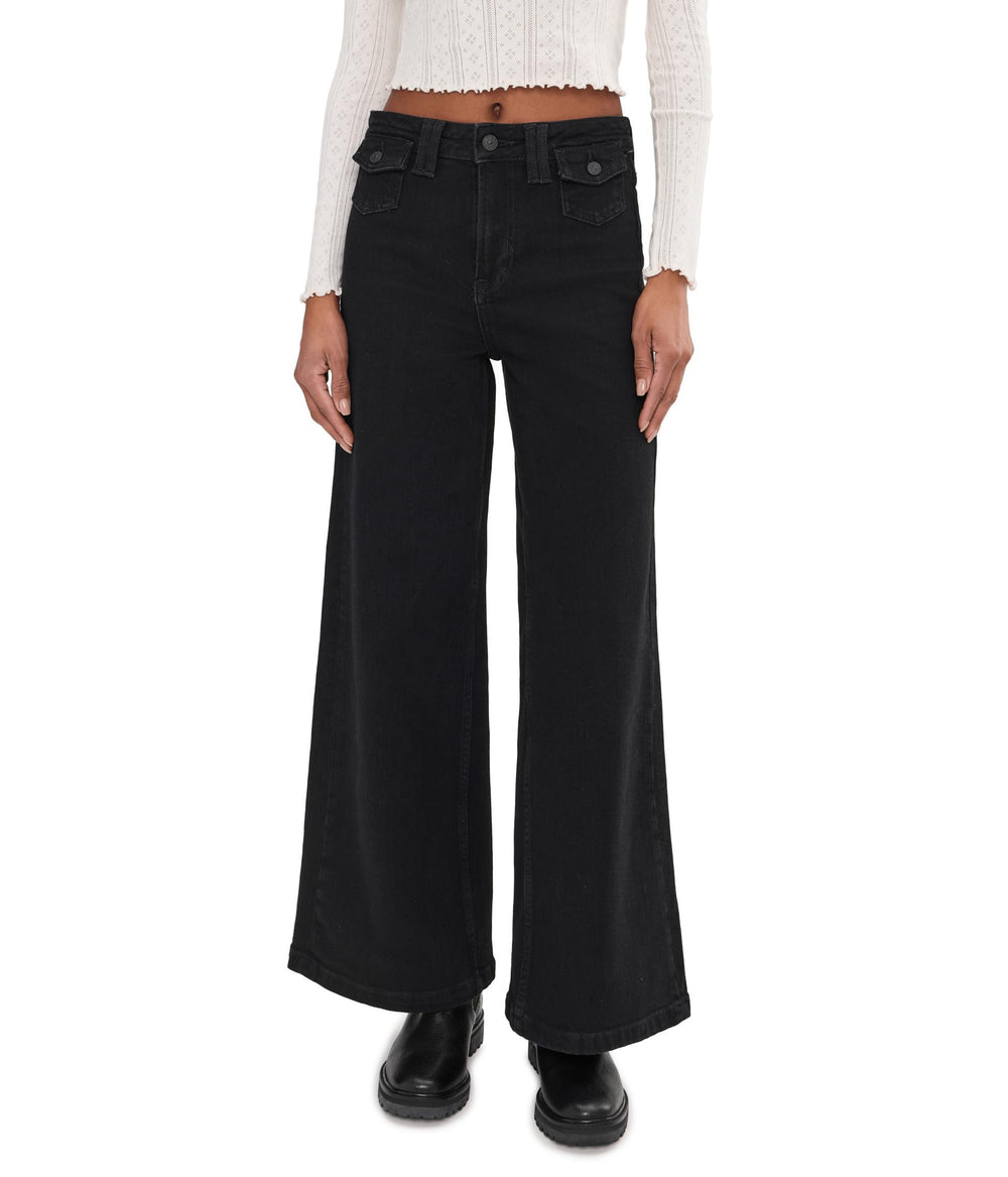 Free People Kellee High-Rise Palazzo front view in Black Eyeliner, breathable comfort for all-day wear.