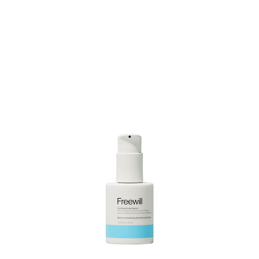 Freewill Soothing Scalp Serum bottle on bathroom shelf for hydrating scalp care