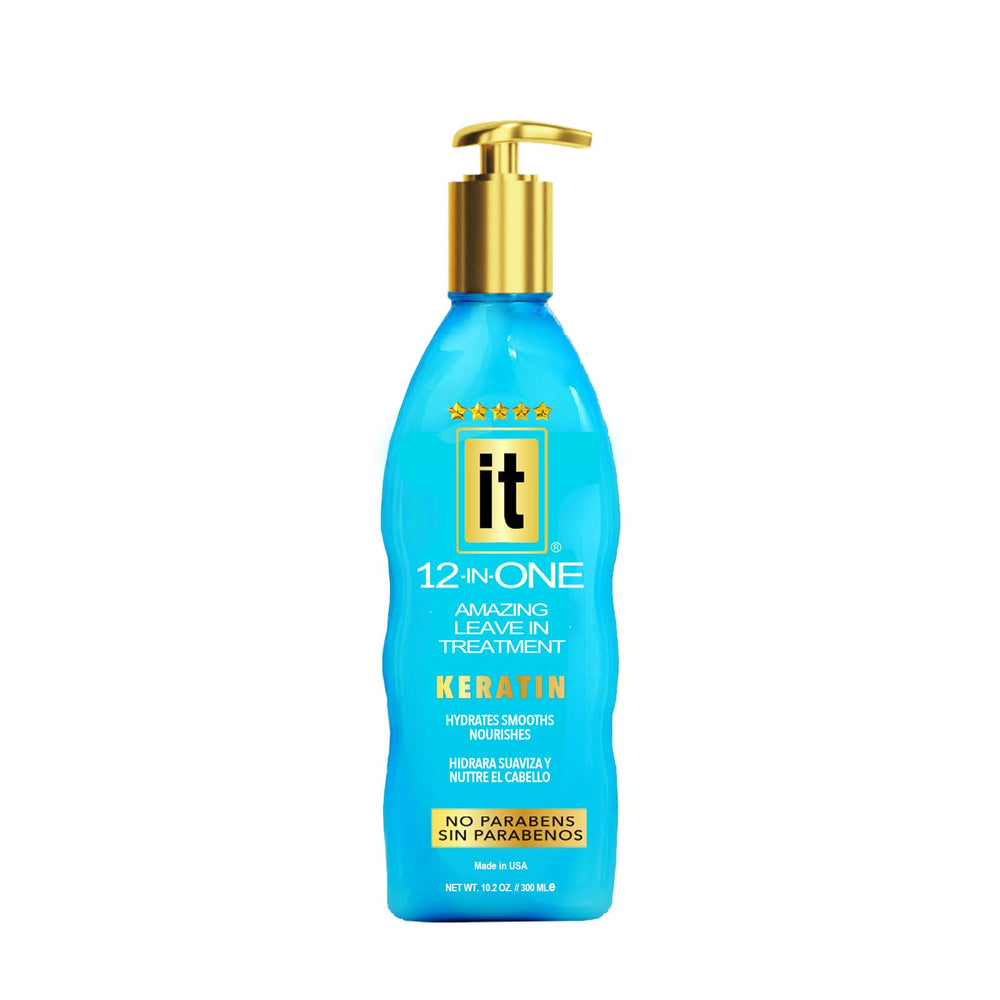 Freeze It IT 12-in-One leave-in bottle pour helps smooth frizzy, dry hair with keratin care.