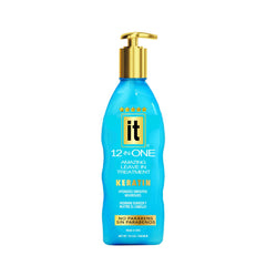 Freeze It IT 12-in-One leave-in bottle pour helps smooth frizzy, dry hair with keratin care.