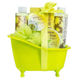 Freida and Joe Passion Fruit Bath Basket in a vintage green tub for a spa-at-home experience