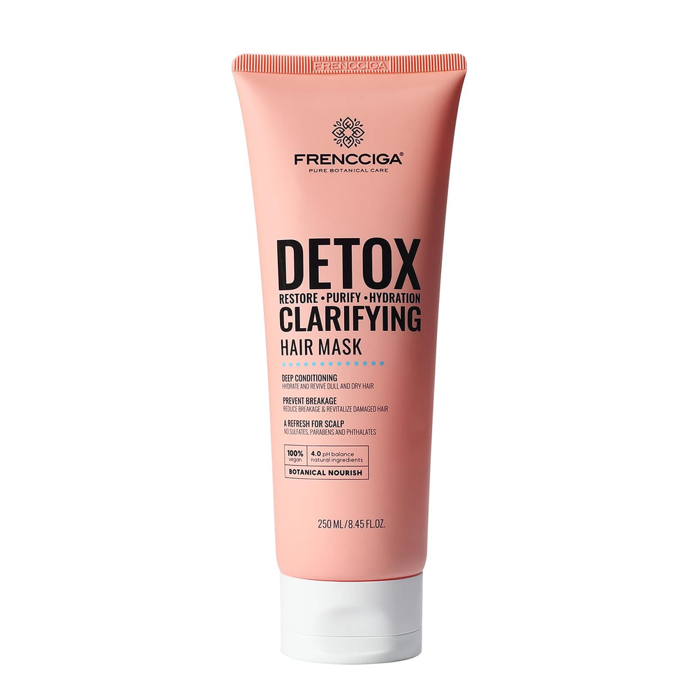 FRENCCIGA Detox Hair Mask bottle pouring for purified scalp and clean hair.