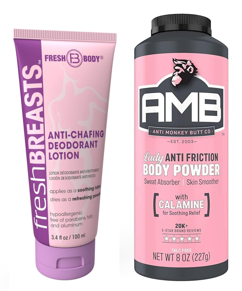 Fresh Breasts lotion bottle shows quick silky powder transition for dry, comfortable skin.
