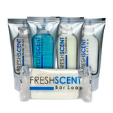Freshscent Hotel Collection 1oz shampoo tubes in guest room display for easy access